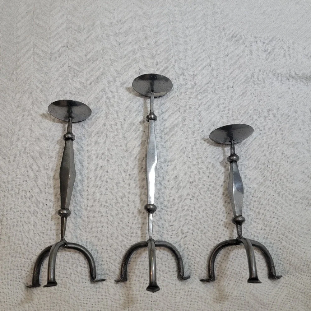 Set of 3 Brutalist‎ Handmade Metal Candlesticks MCM Midcentury Modern Rustic